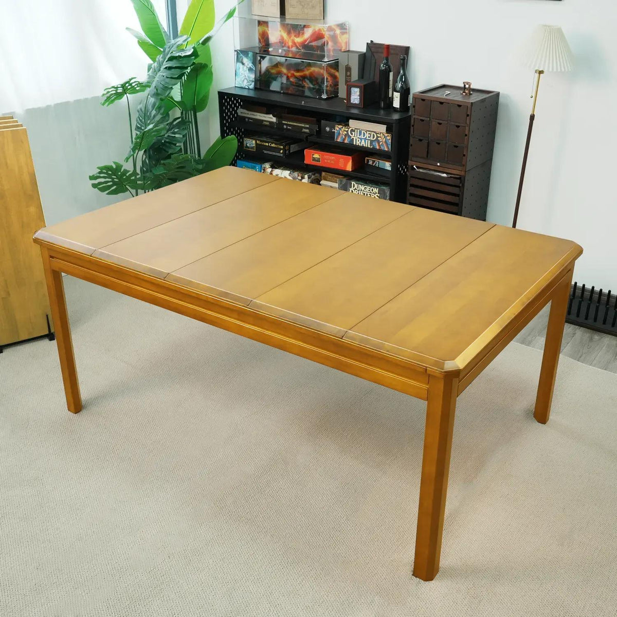 Wooden board game table with recessed play area and modern tabletop gaming design