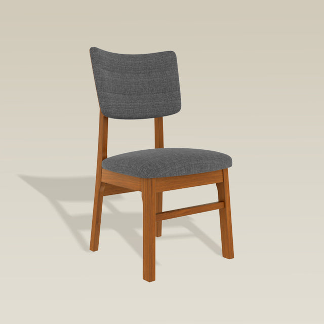 Mid-century armless dining chair with a curved gray upholstered back and seat, on a solid wood frame.