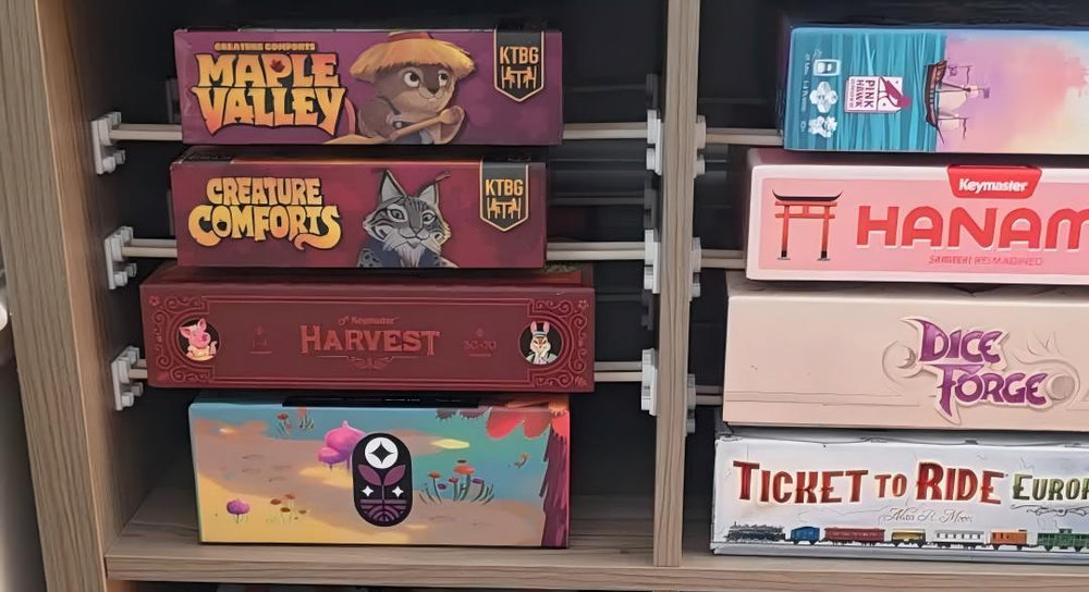Board game storage shelving system for organized tabletop game collections