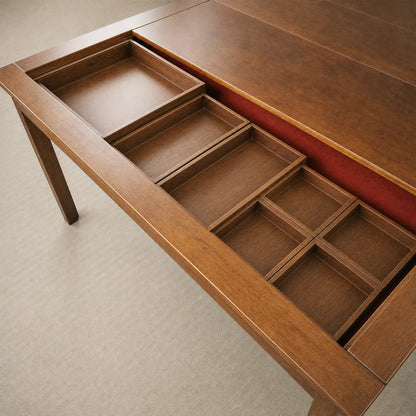 mpty removable compartments inside wooden board game storage box