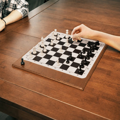 Wooden chess board storage box in use during tabletop play