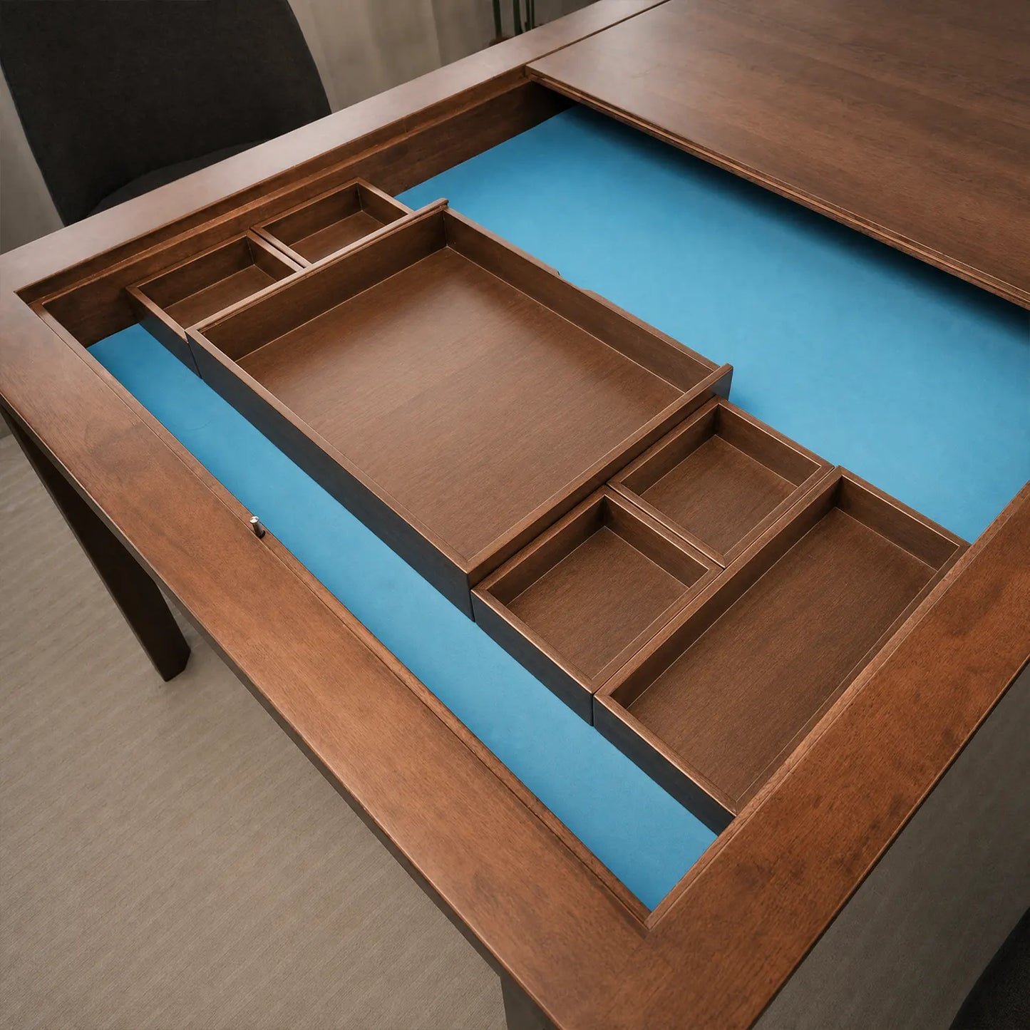 2-in-1 chess board and board game storage box inside Kingswood game table