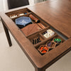 Wooden board game storage box with removable compartments for cards, dice and tokens