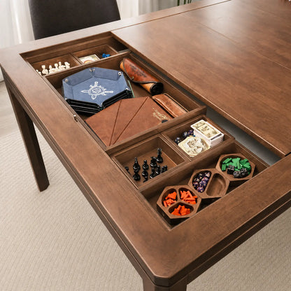Wooden board game storage box with removable compartments for cards, dice and tokens