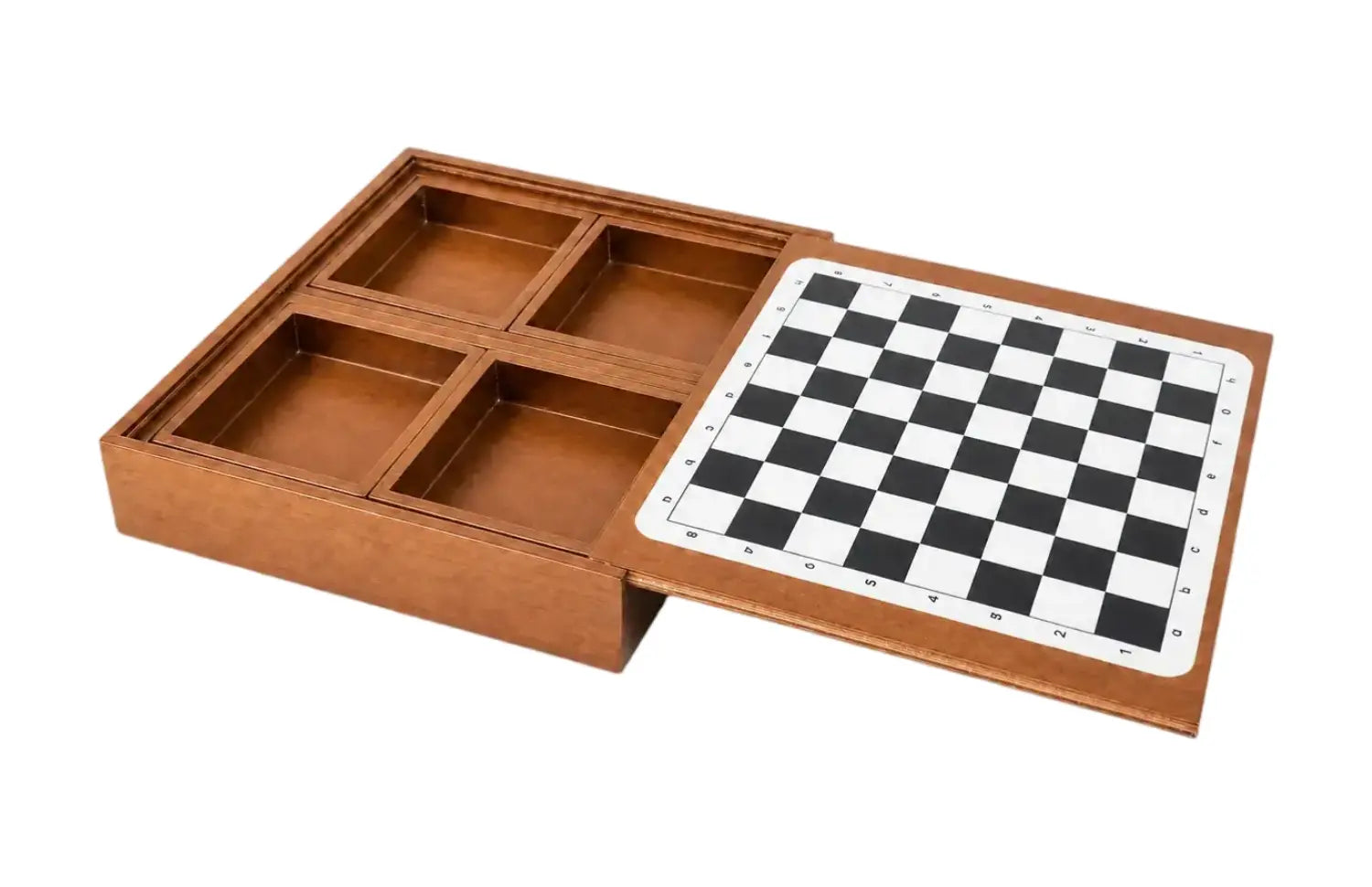 Board game accessories organized inside removable wooden storage compartments