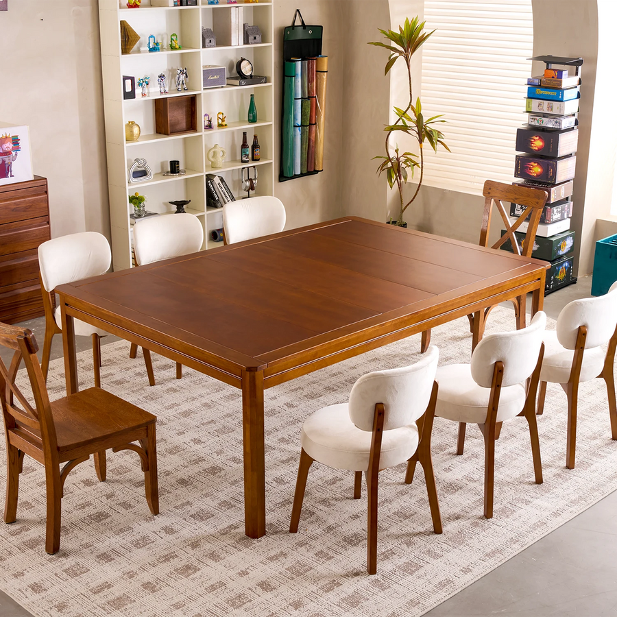 Kingswood 4x6' royal game table, solid rubberwood, rich brown finish, with six cream upholstered chairs.