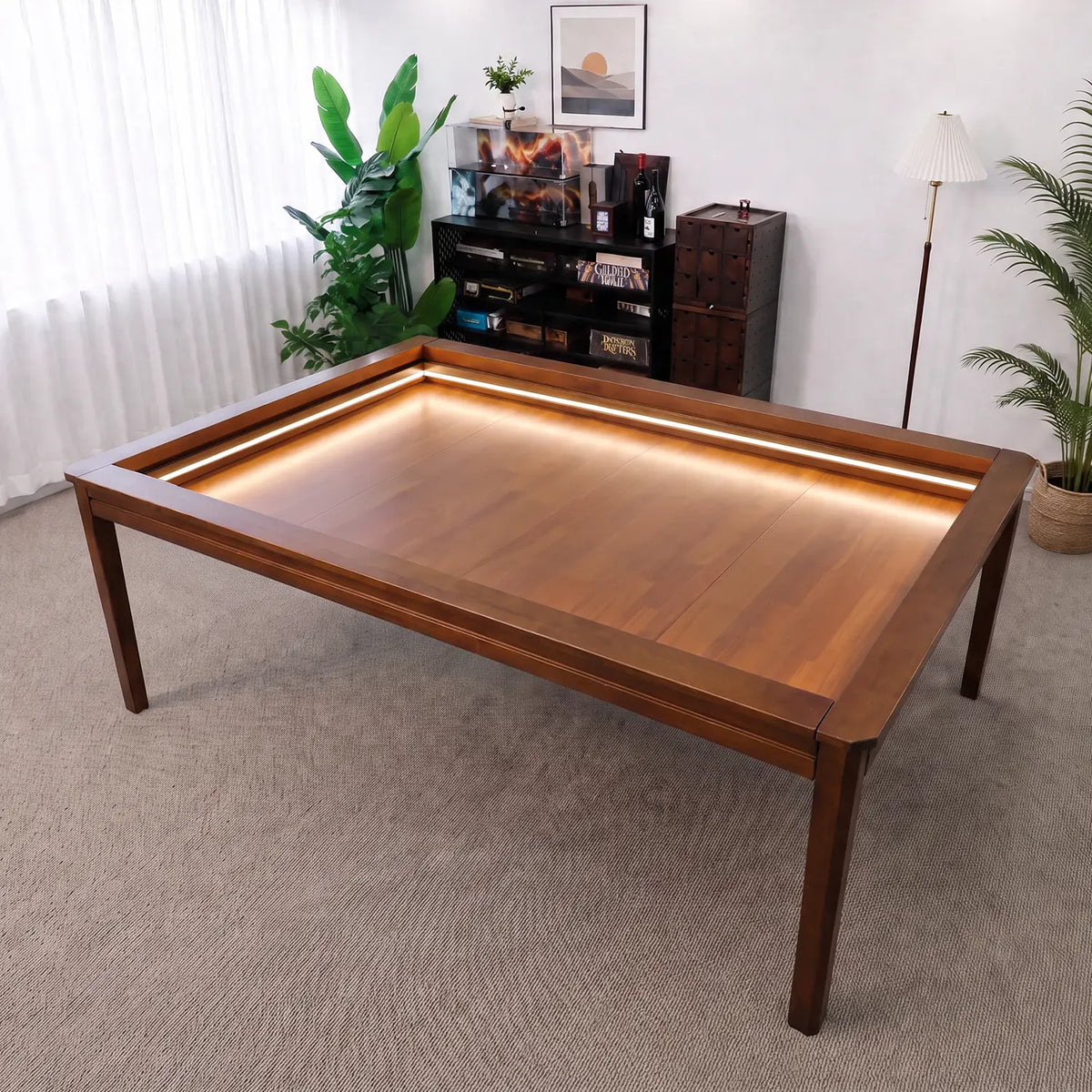 Wooden board game table with recessed play area and modern tabletop gaming design