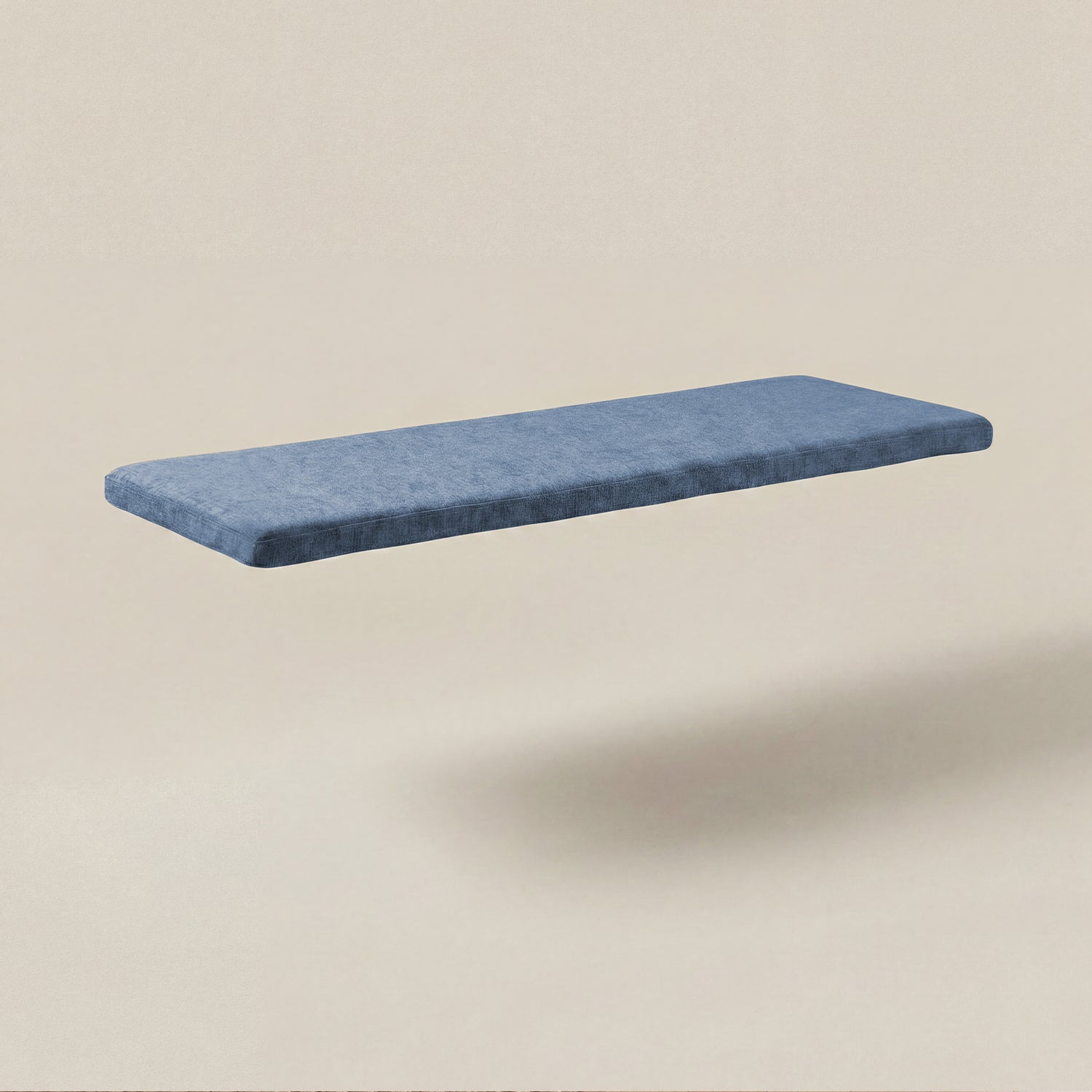 Blue cushion for solid wood storage bench
