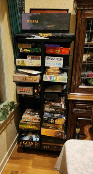 Board Game Storage Rack with Adjustable Shelves and Wheels