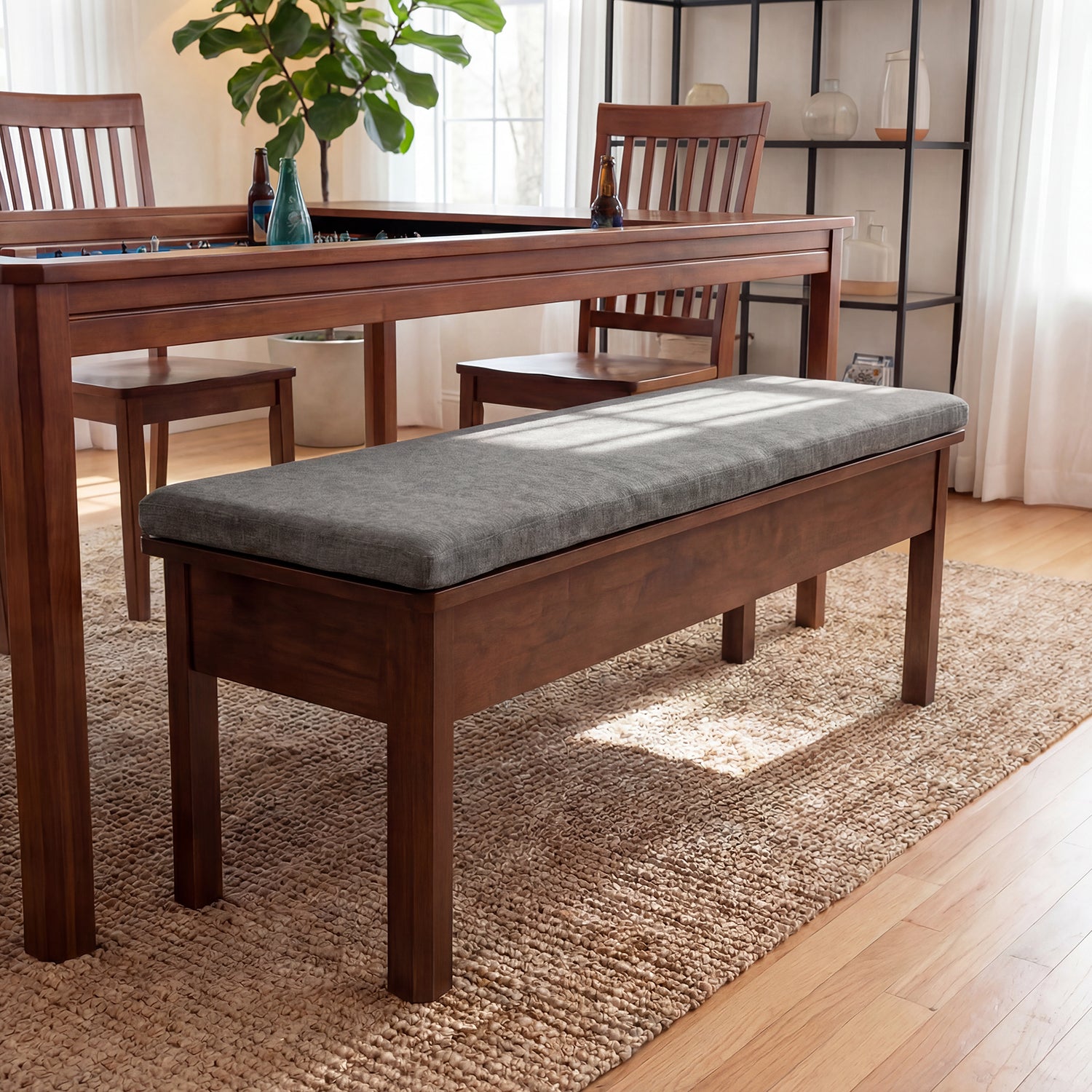 Solid wood storage bench in home interior