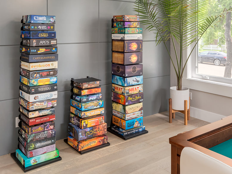 GamePillar board game storage tower for organizing tabletop games and accessories
