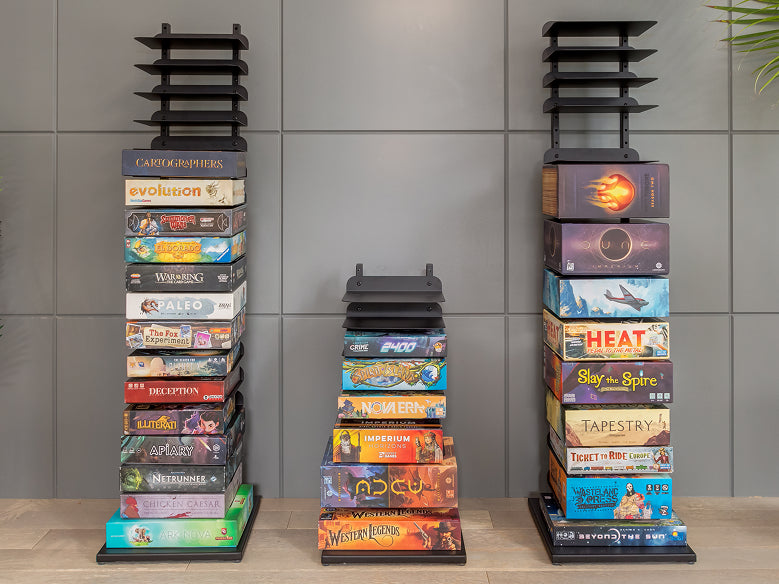 GamePillar vertical board game storage system for a modern gaming room