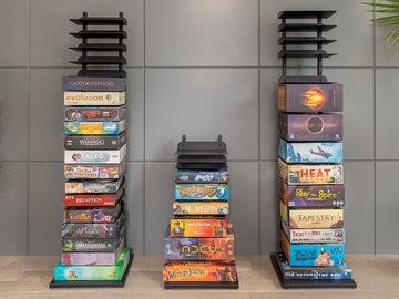 GamePillar vertical board game storage system for a modern gaming room