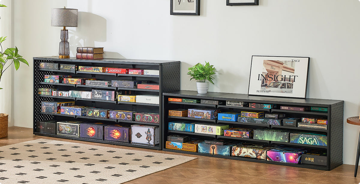 black metal game storage shelves filled with board games