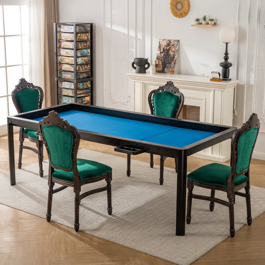Green upholstered chairs paired with a board game table for tabletop gaming