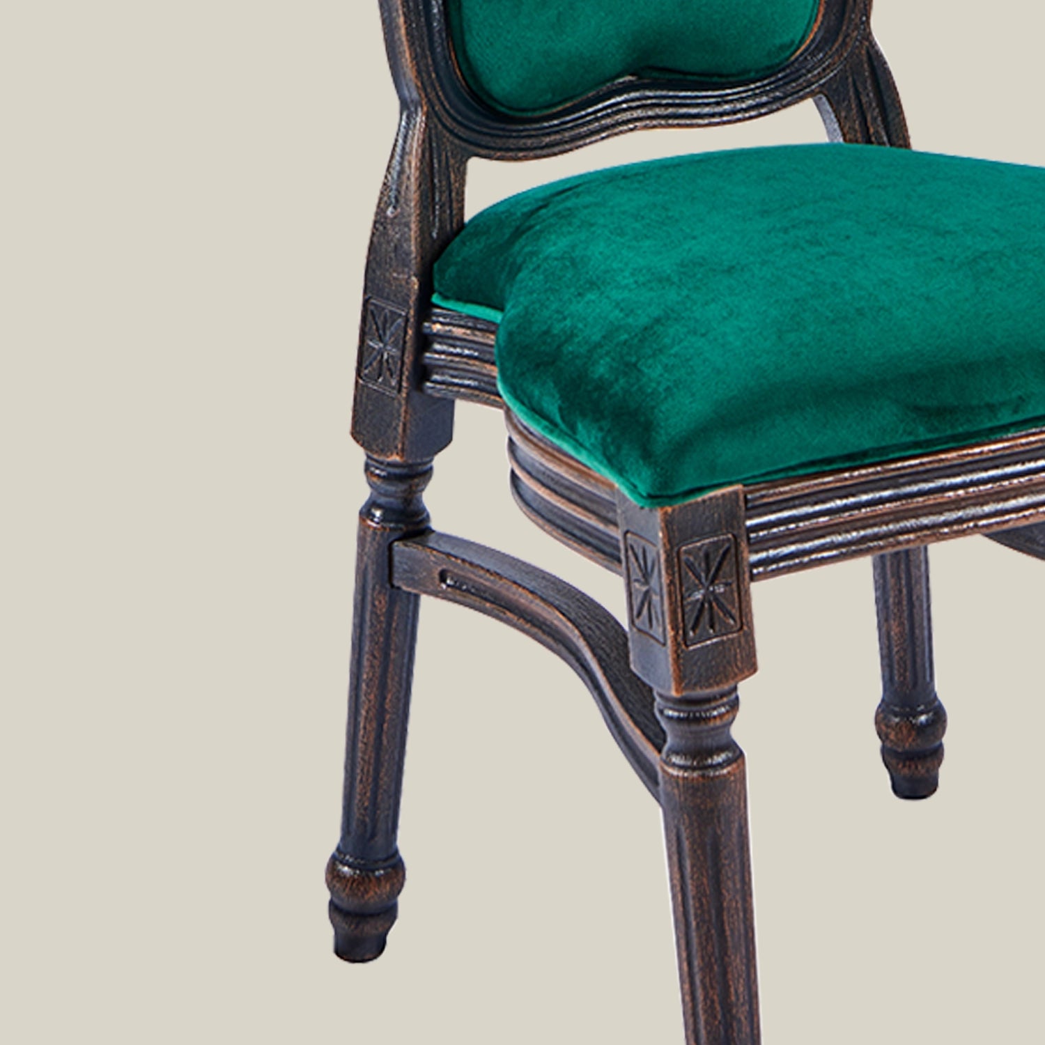 Green upholstered dining and gaming chair with wooden legs