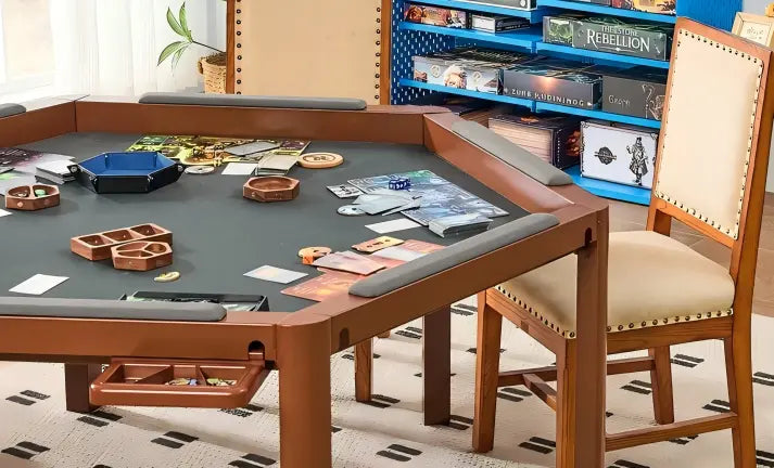 Hexagonal board game table with recessed play area for tabletop gaming and game nights