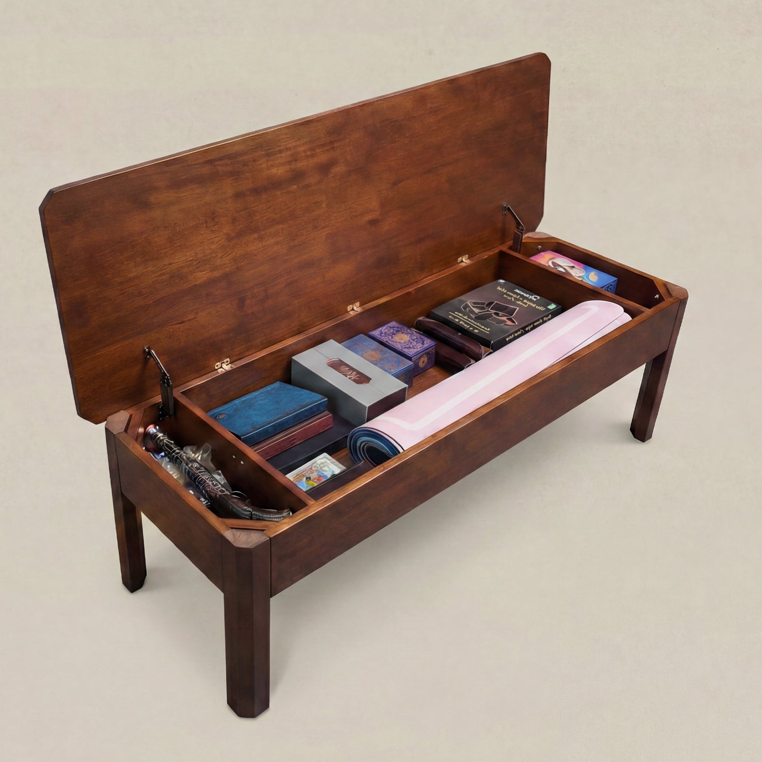 Hidden storage compartment inside solid wood bench