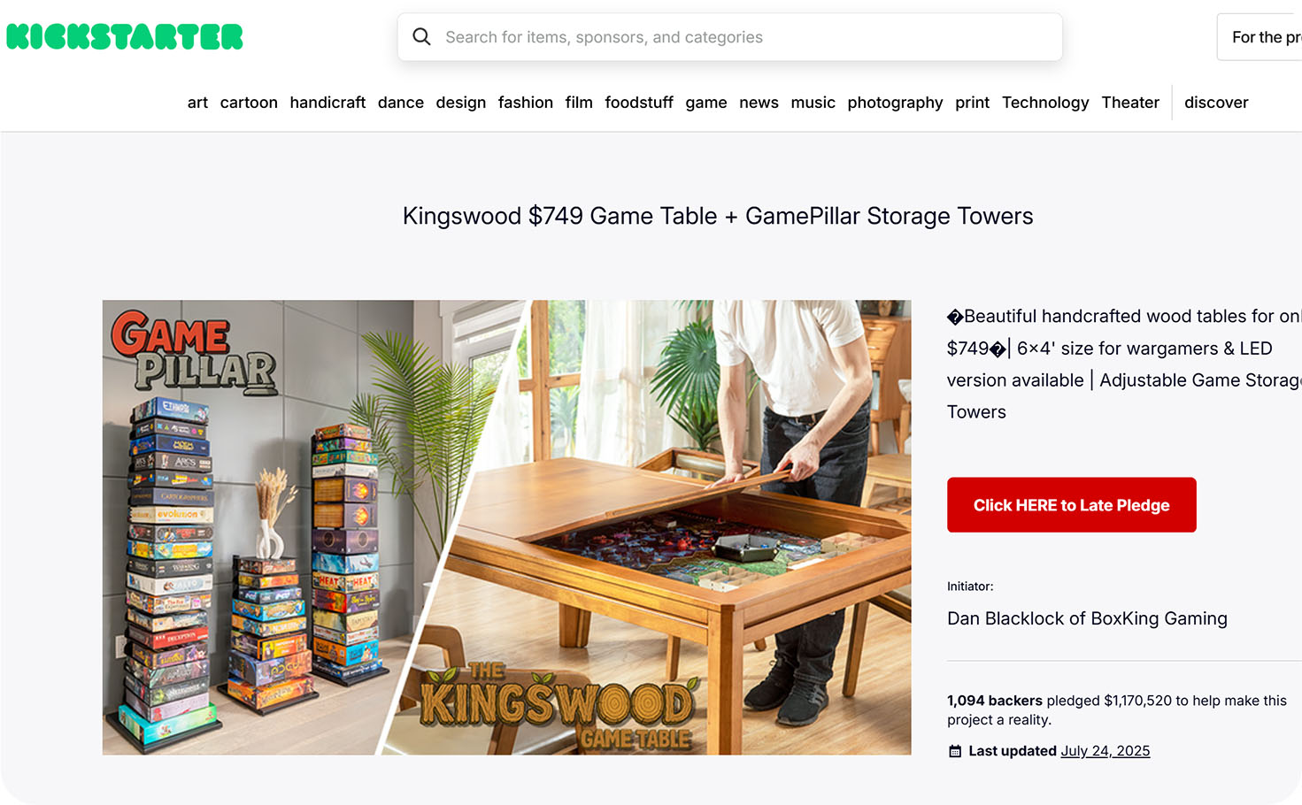 Kickstarter campaign page for Kingswood gaming table and GamePillar storage towers | BoxKing Gaming
