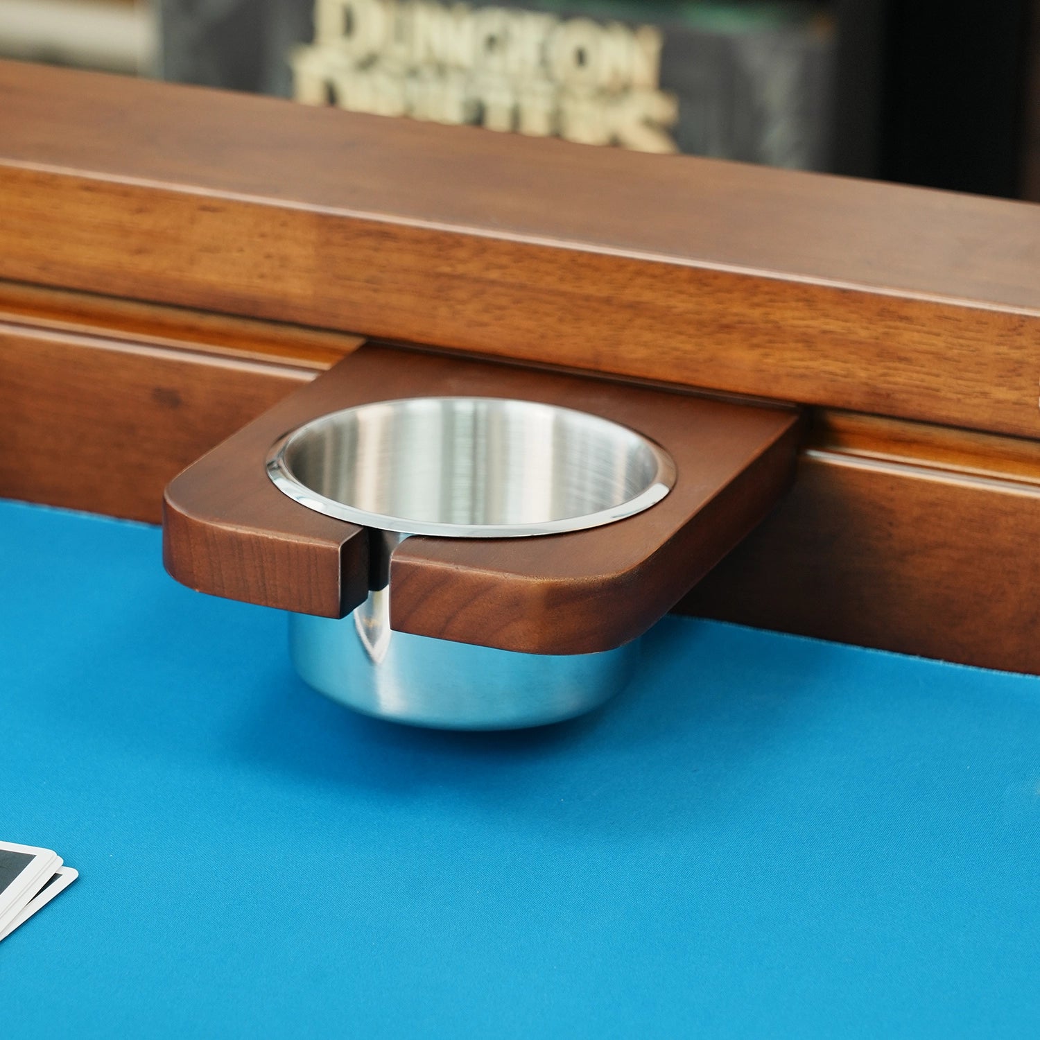 Kingswood cup holder mounted on game table accessory rail