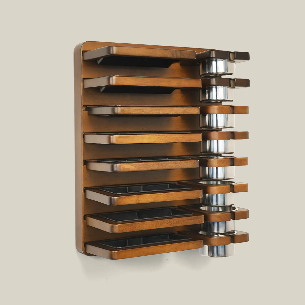 Kingswood gaming accessories stored in wall-mounted wooden organizer