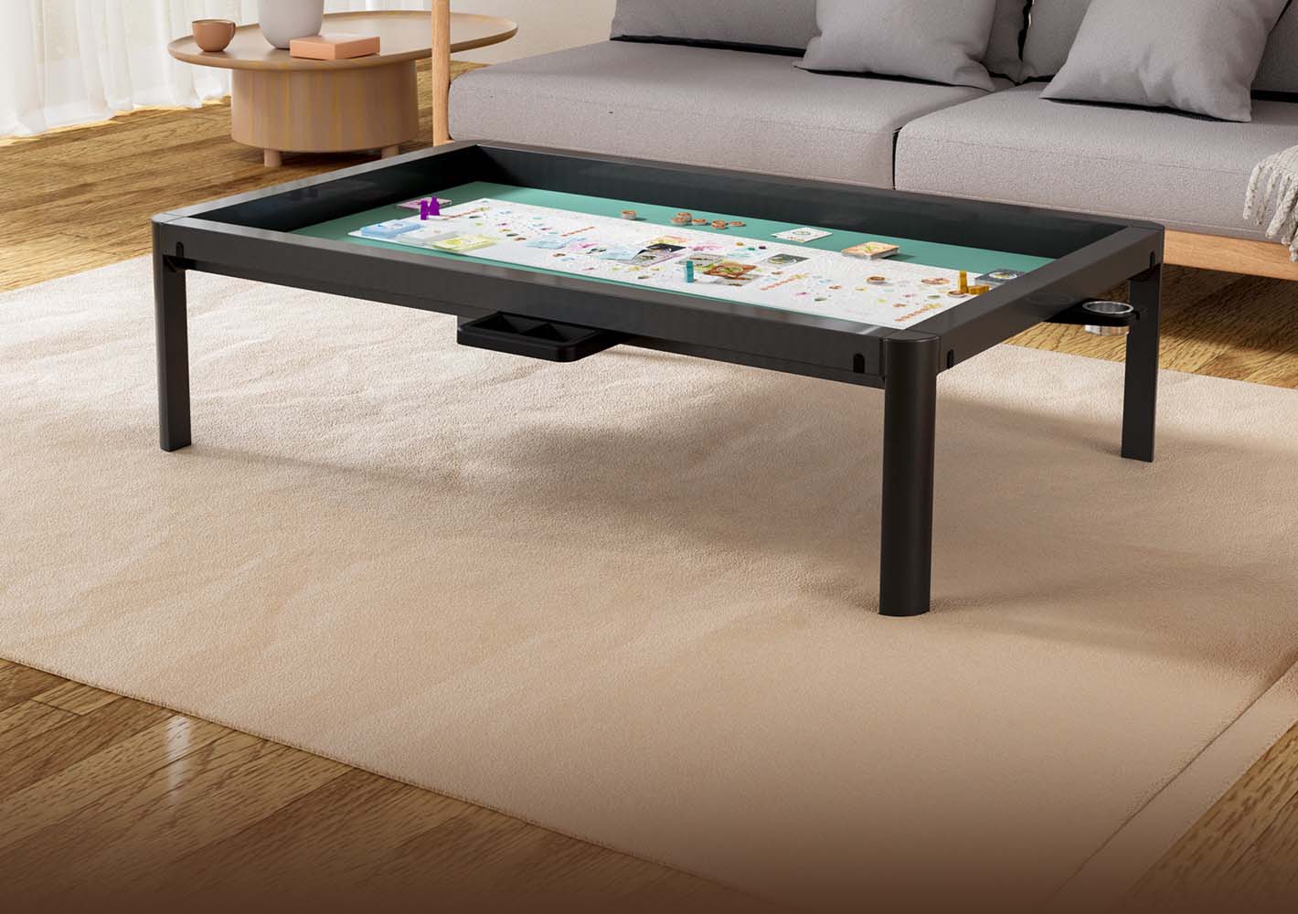 black coffee-table gaming table with recessed teal felt play surface in living room setting | BoxKing Gaming