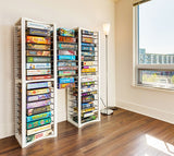 Modern board game storage shelves for displaying tabletop games in a home game room