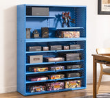 Board game storage organizer with adjustable shelves for tabletop game collections