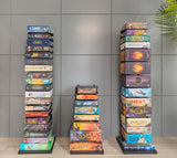 Vertical board game storage system for organizing games in a compact gaming space