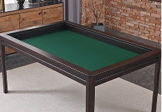 Wooden board game table with green playmat for tabletop gaming and game nights