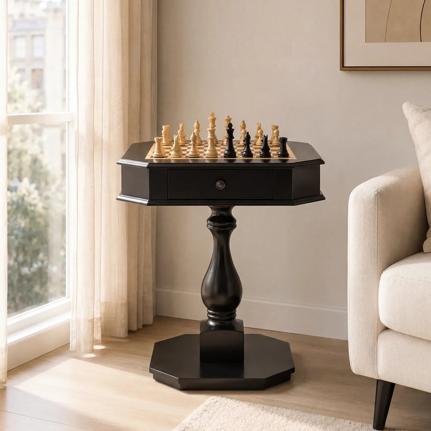 Reversible Chess & Checkers Game Table with Storage Drawers