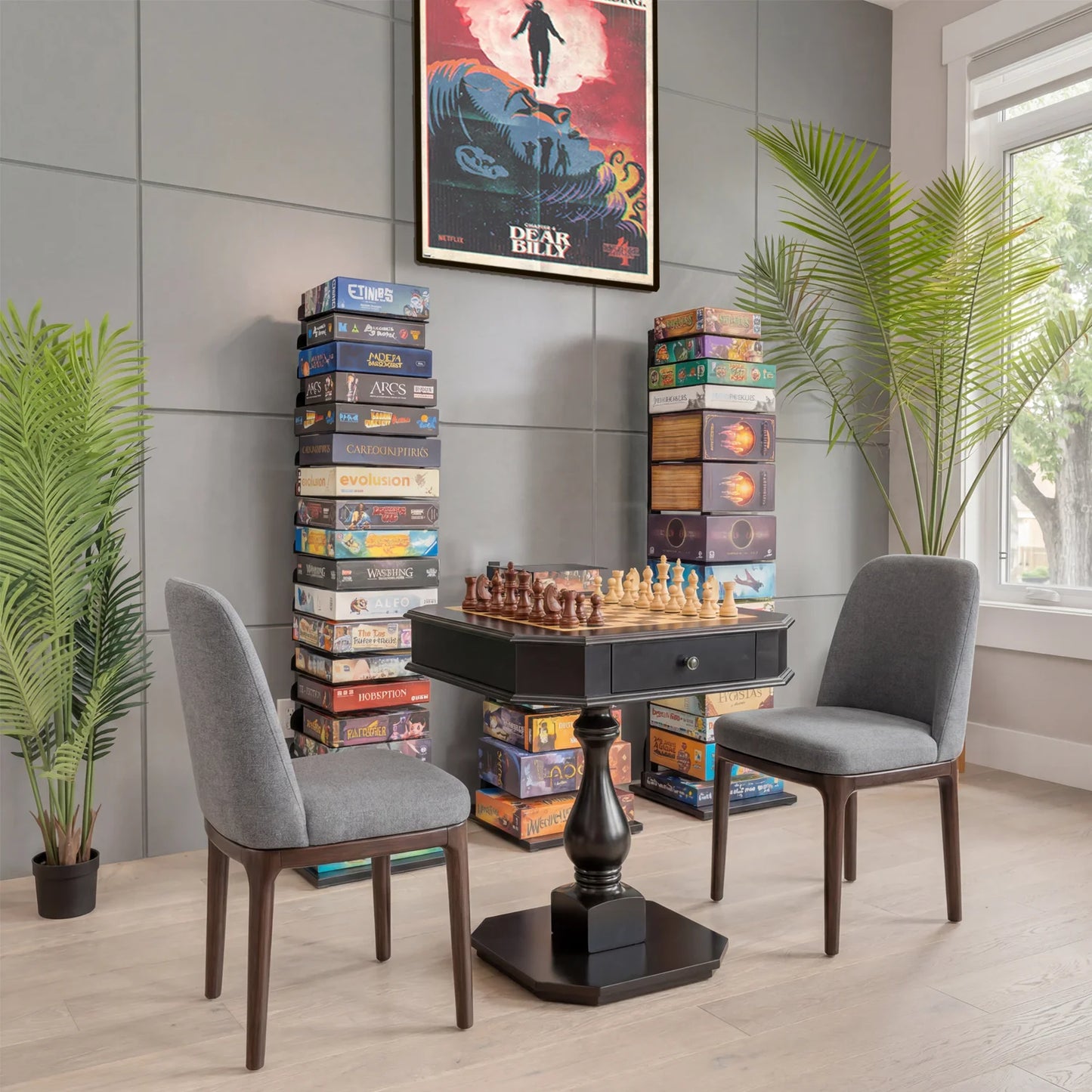 Reversible Chess & Checkers Game Table with Storage Drawers black