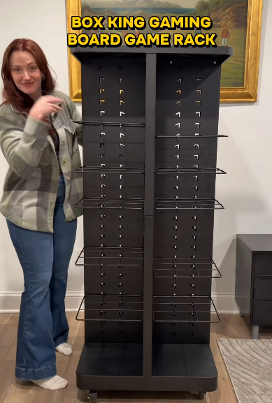 Board Game Storage Rack with Adjustable Shelves and Wheels