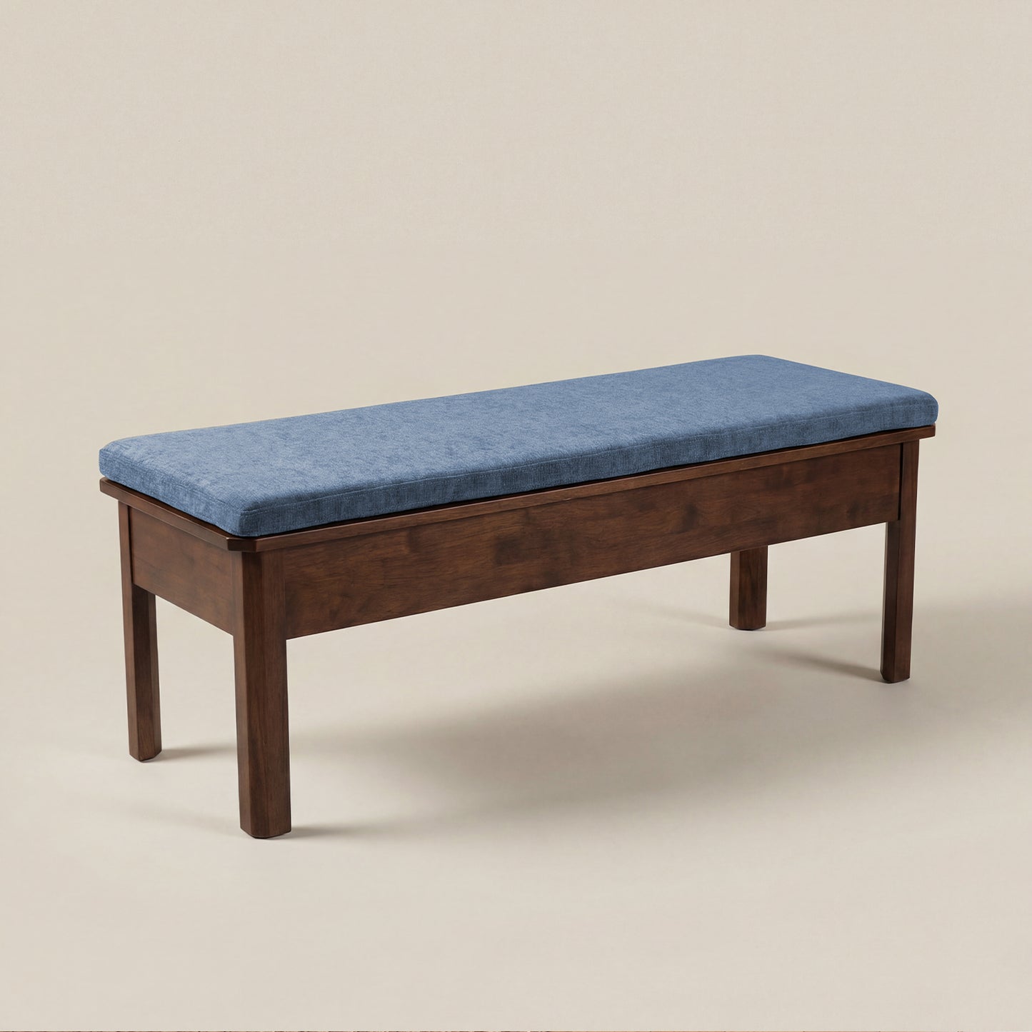 Blue cushion for solid wood storage bench