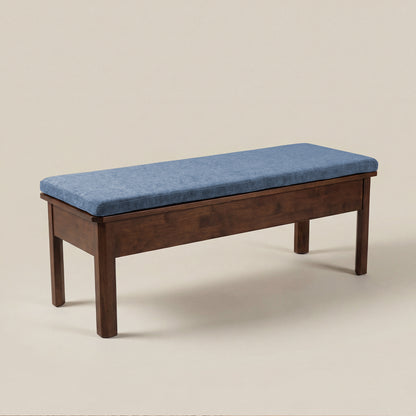 Blue cushion for solid wood storage bench