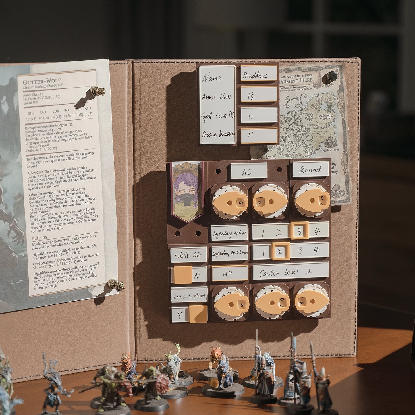 DM screen with modular stat tracking panel system