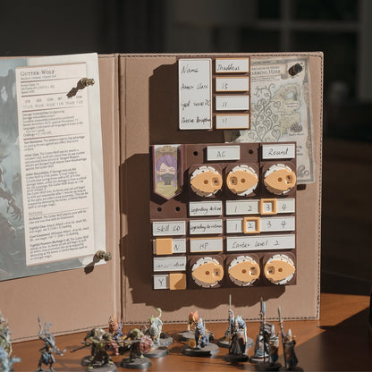 DM screen with modular stat tracking panel system