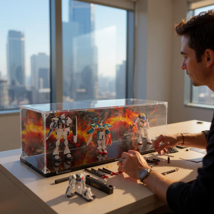 Glass-front display cabinet showcasing collectibles