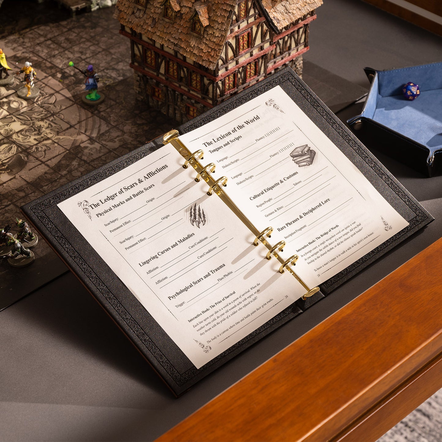 Adventure binder with spellbook pages for TTRPG