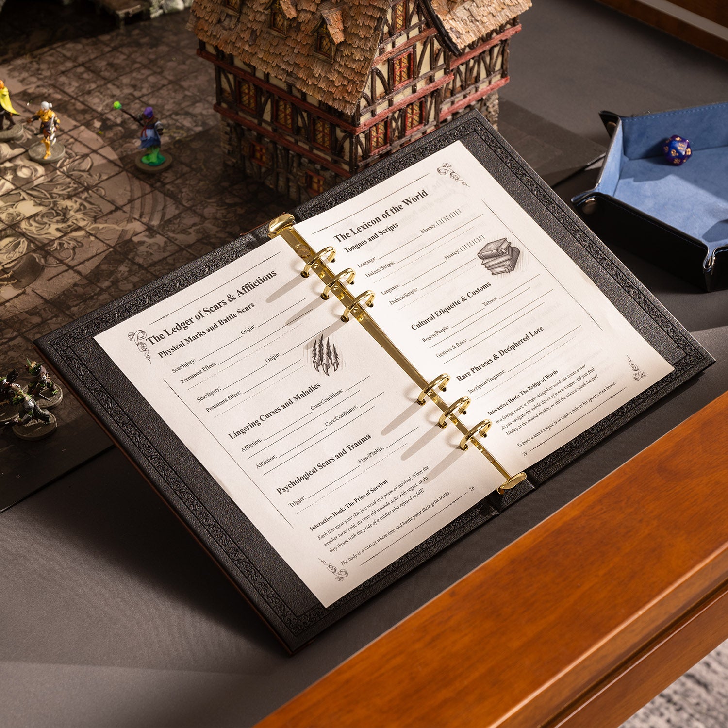Adventure binder with spellbook pages for TTRPG