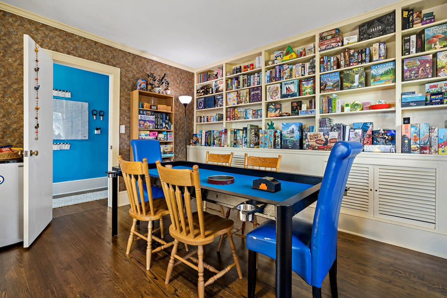 board game table with blue playmat for tabletop gaming and family game nights