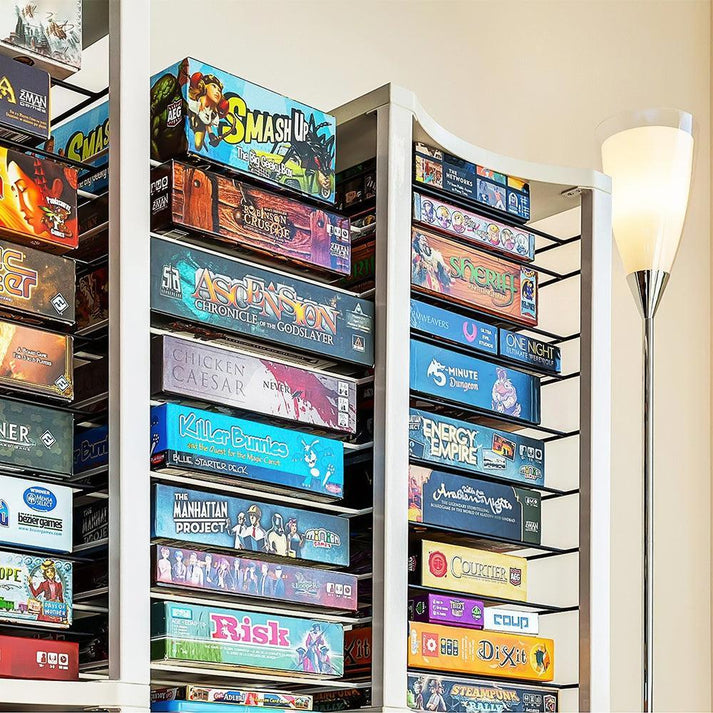 Modular cube shelves grouping games by theme