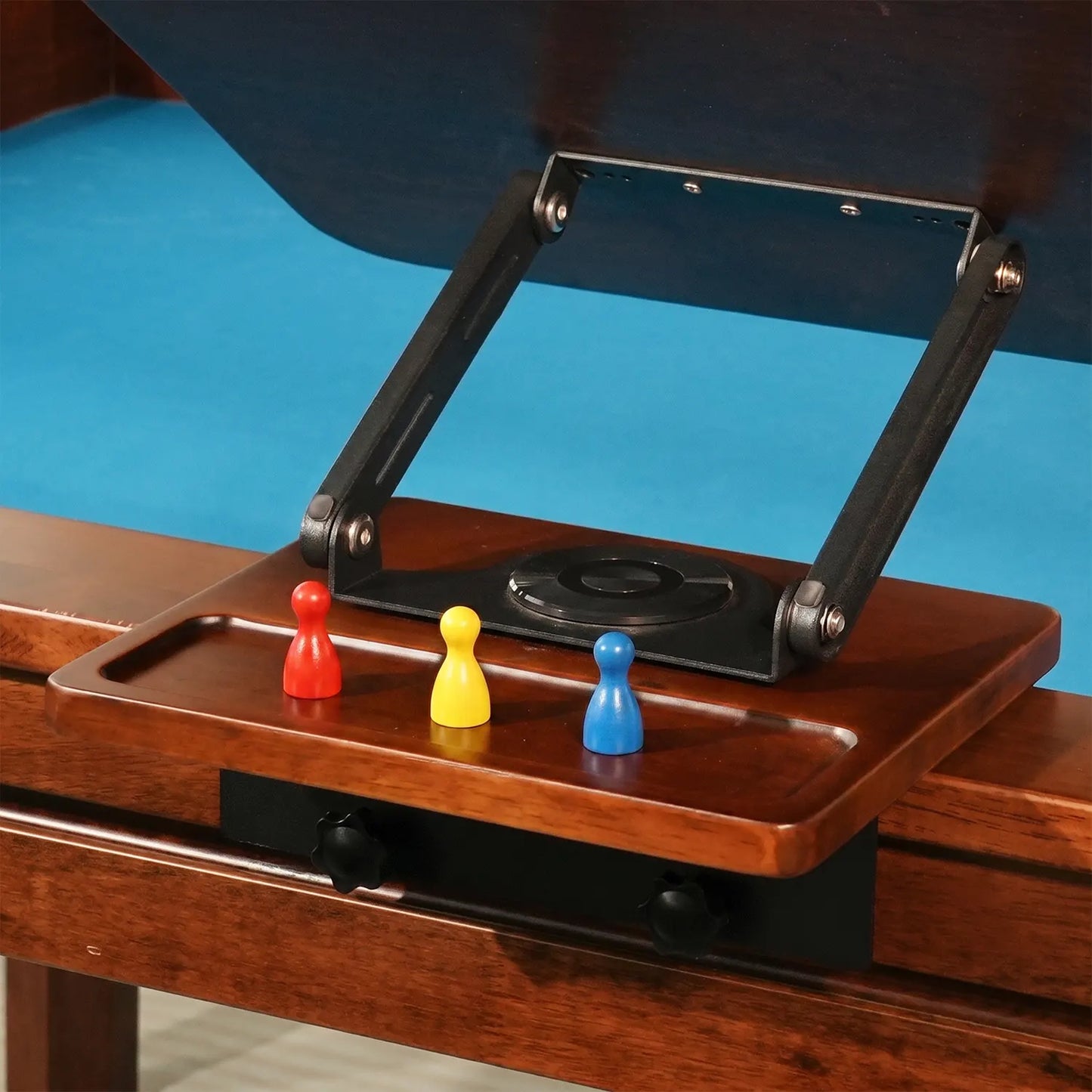 Built-in storage tray for dice, cards, pens, and tabletop accessories