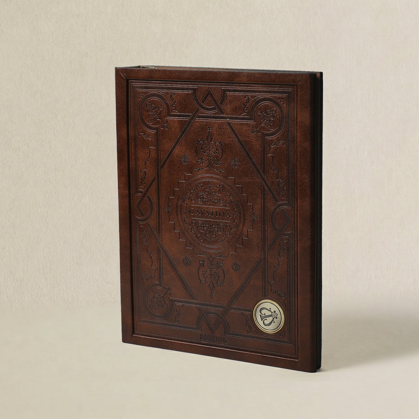 Vertical tabletop binder with embossed cover design