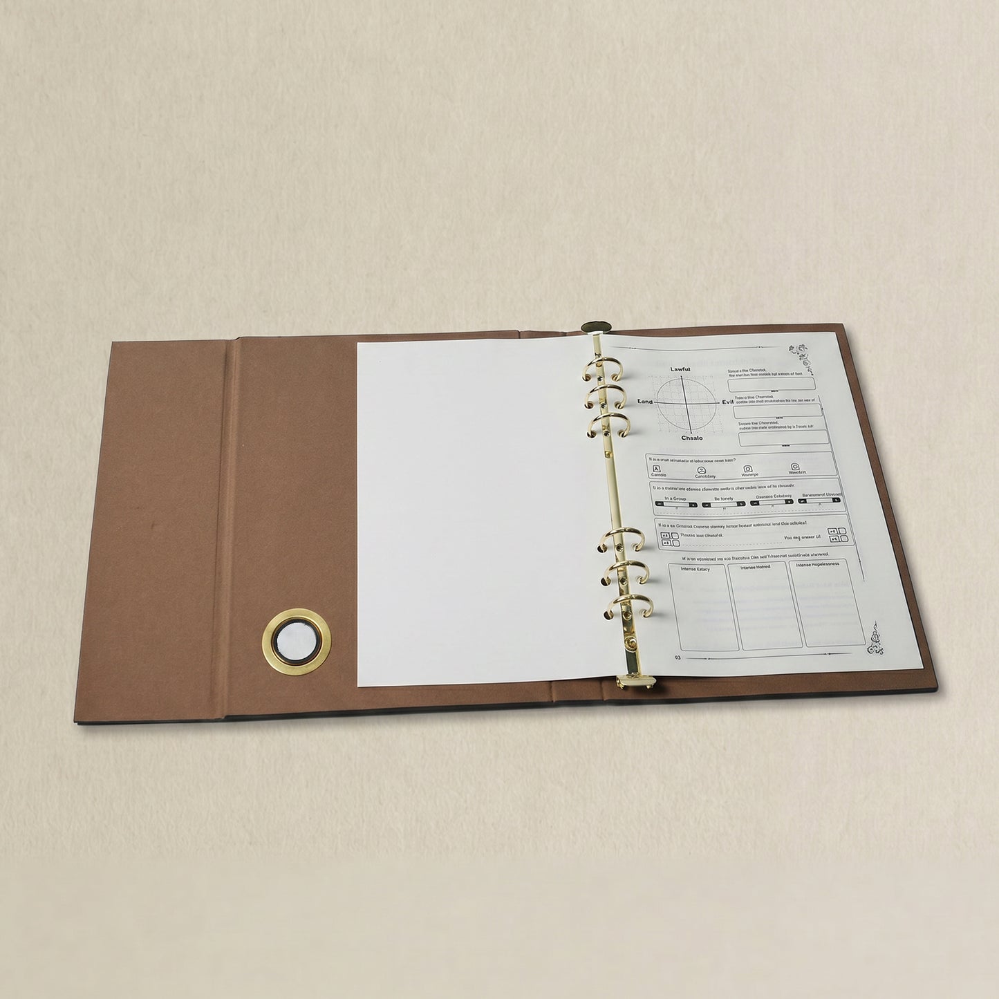 Tabletop binder interior with modular pages and rings