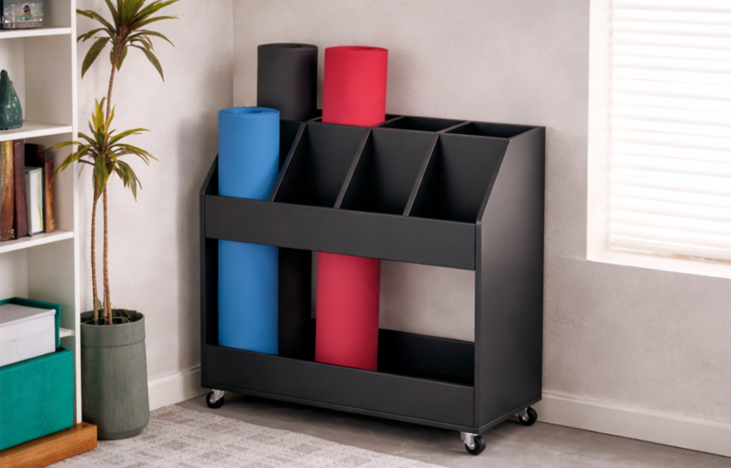 Double Layer Rolling Playmat Storage Rack – lifestyle photo | BoxKing Gaming