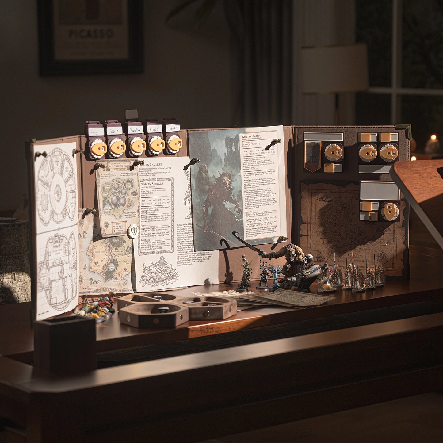 Dungeon Master screen in use with notes, trackers, and accessories attached on magnetic panels