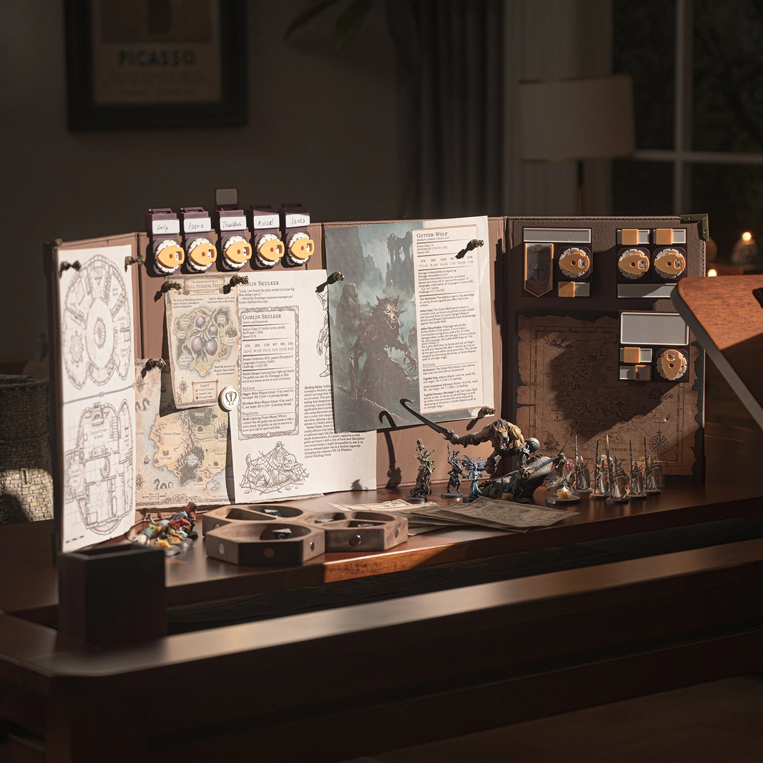 Dungeon Master screen in use with notes, trackers, and accessories attached on magnetic panels