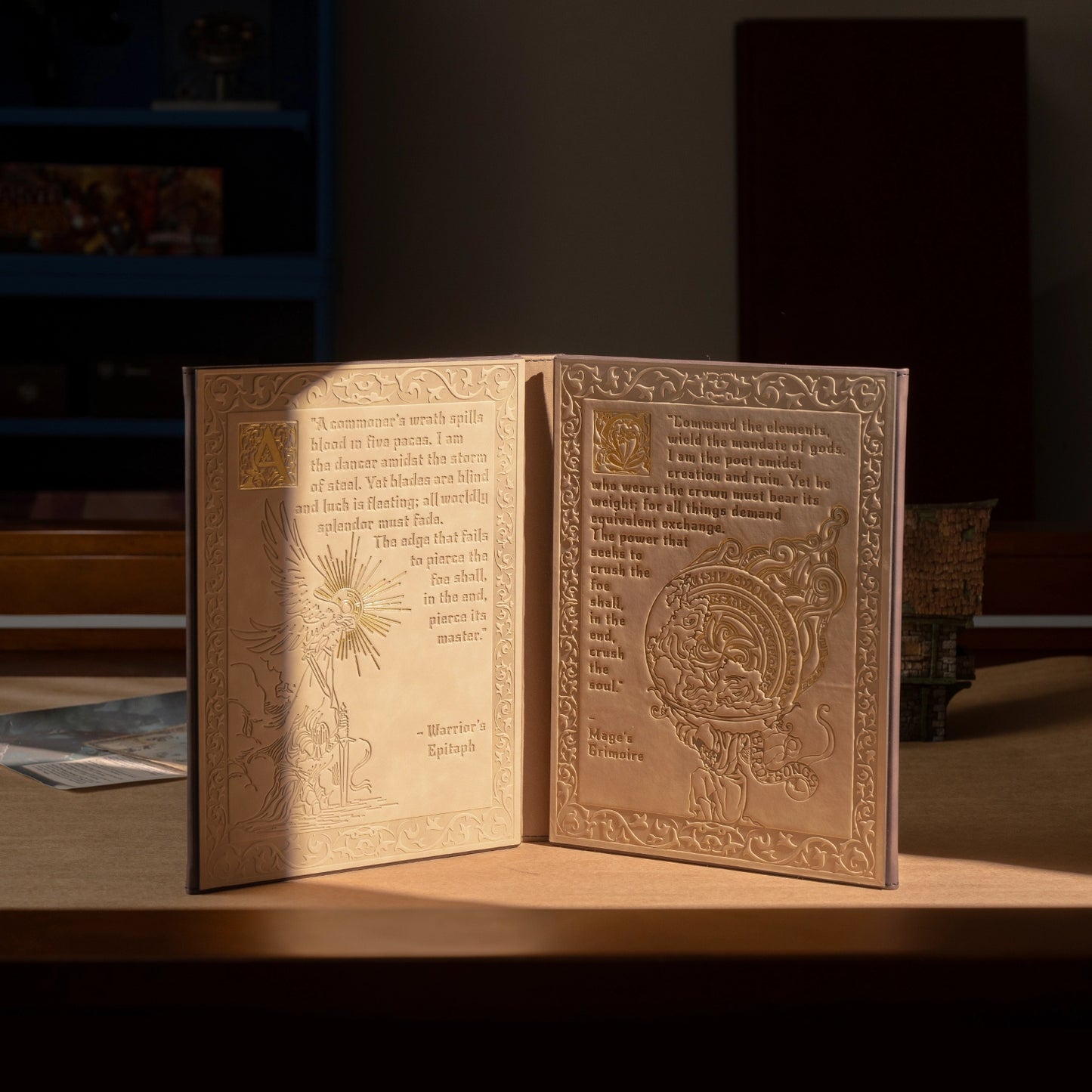 Magnetic DM screen fully opened on table showing customizable panels for tabletop RPG gameplay