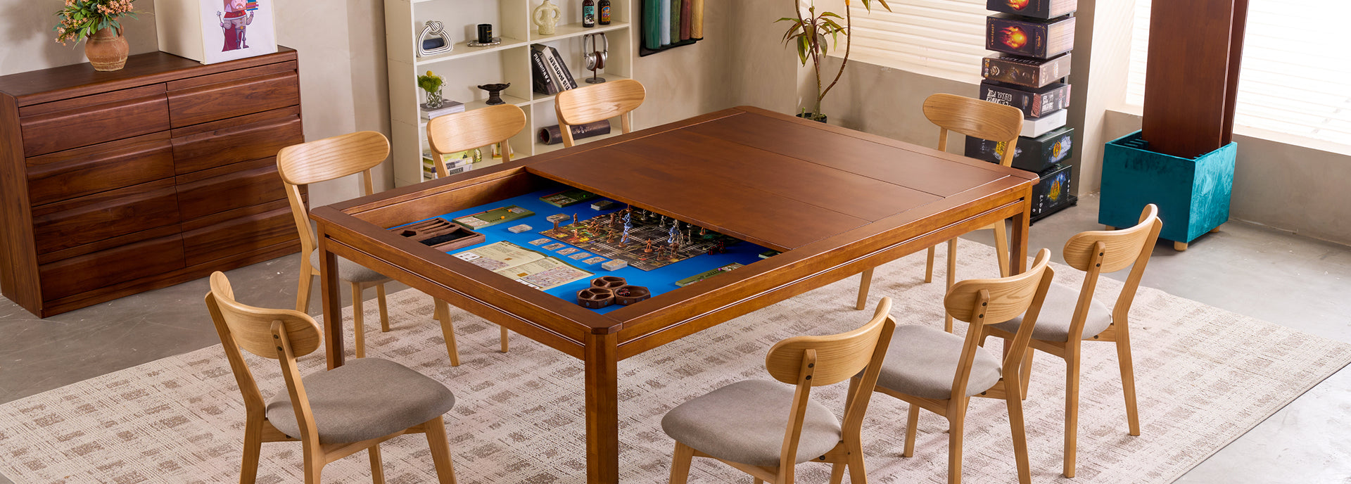 A wooden dining table with an open top revealing a game board